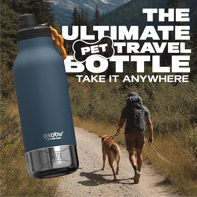 asobu Dog Barky Bottle – Insulated Stainless Steel Water Bottle with 2 Removable Dog Bowls for Food, Treats & Water – Pet-Friendly Travel Bottle for Hiking, Road Trips & Outdoor Adventures