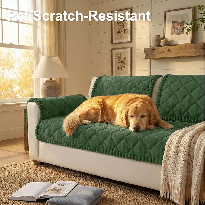 Smiry Couch Cover for Dogs, Non Slip Washable Pet Sofa Protector for Large Dogs, Cats, Fuzzy Plush Sofa Covers for 3 Cushion Couch, Against Fur, Dirt & Scratch Resistant, Green, 27.6"×88"