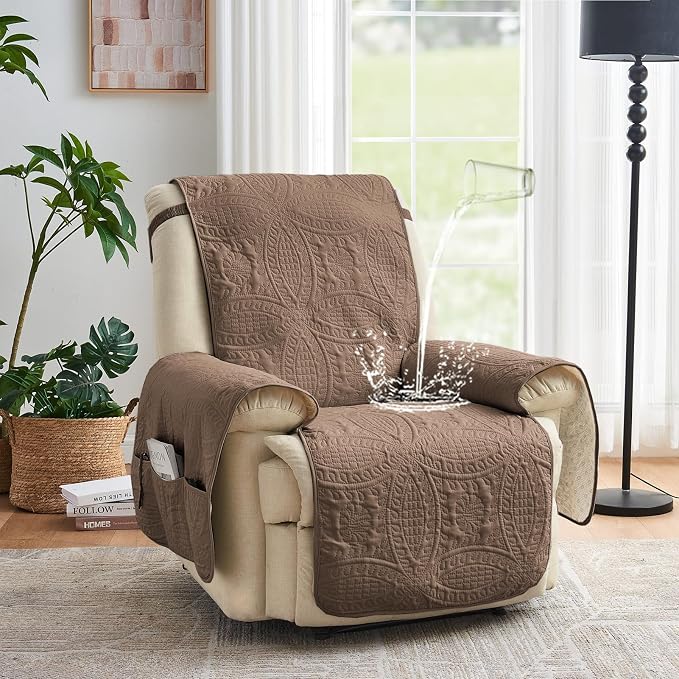 Toffee Quilted TV Recliner Covers, Medium Recliner Chair Covers, Lazy Boy Chair Covers, Pet Friendly Recliner Slipcover for Dogs, Washable Furniture Protector (Recliner 26", Raw Umber)