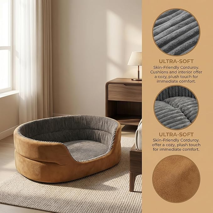 Small Dog Bed Cat Bed 16x20 Inch, Calming Pet Bed for Dogs & Cats, Machine Washable Dog Bed, Half-Enclosed Open-Top Velvet Anti-Anxiety Bed, Cozy Snuggle Bed (Camel)