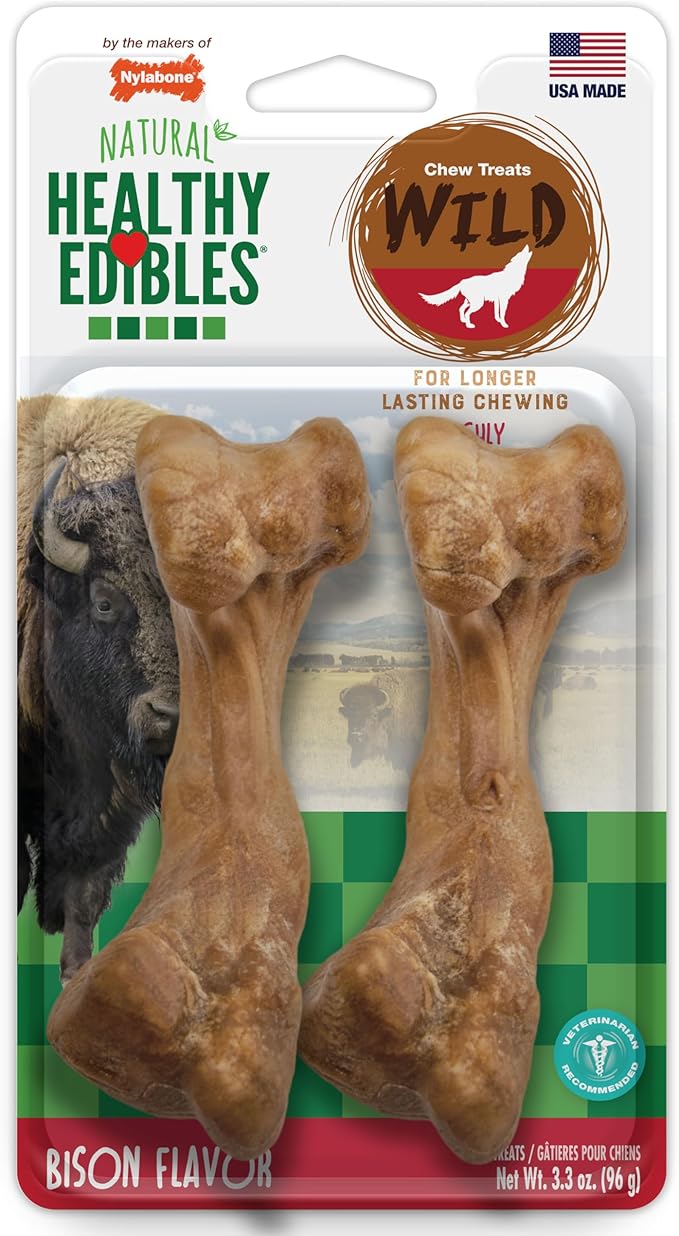 Nylabone Healthy Edibles Wild Natural Dog Chews, Long Lasting Bones for Dogs, Bison Flavor Dog Treats, Medium (10 Count)