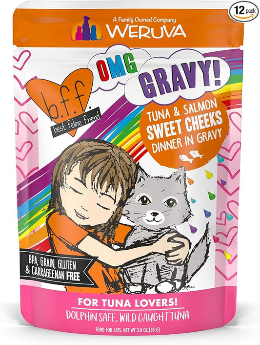 Weruva B.F.F. OMG - Best Feline Friend Oh My Gravy!, Tuna & Salmon Sweet Cheeks with Tuna & Salmon in Gravy Cat Food, 3oz Pouch (Pack of 12)