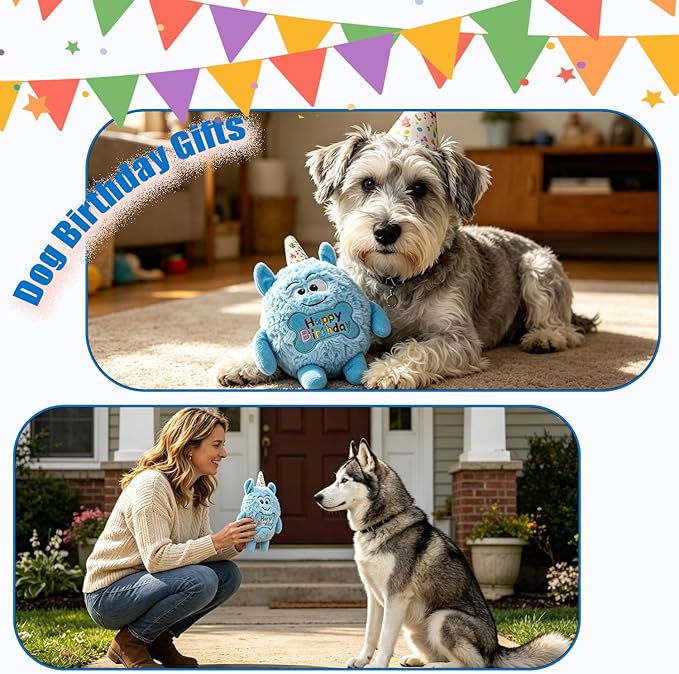 Plush Dog Birthday Toy for Girl Boy Gifts, Crinkle Squeaky Dog Toy Keep Them Busy Tug of War Stuffed Dog Chew Toy for Small Medium Large Dogs (Sky Blue)