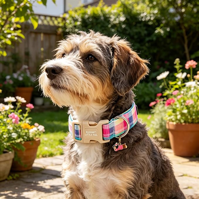 Elegant Little Tail Summer Dog Collar, Pink Plaid Pattern Soft Cotton Pet Collars with Sturdy Quick Release Female Adjustable Pet Collar for Small Medium Large Dogs