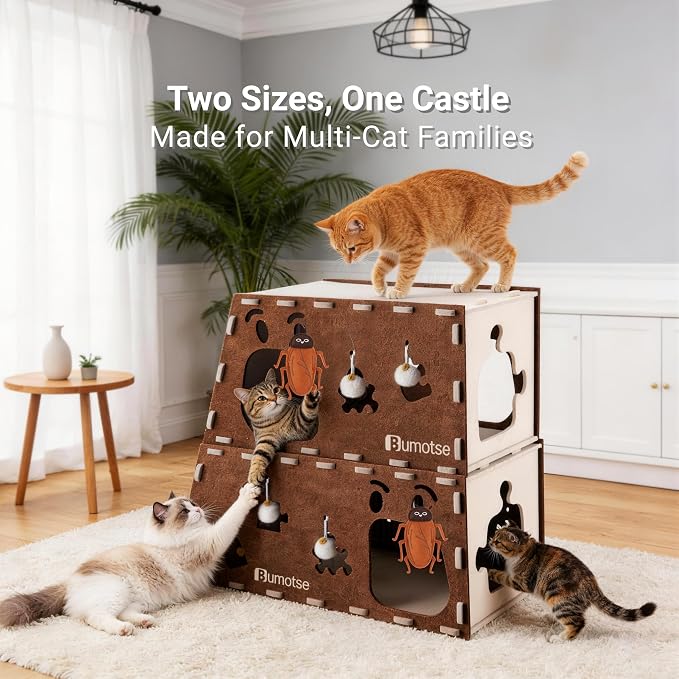 Felt Cat Bed Cave for Indoor Cats, Modular Tunnel Hideaway House for Large Cats Up to 22LB, Cozy Washable Felt Cat Condo for Sleeping, Playing & Hiding, Coffee