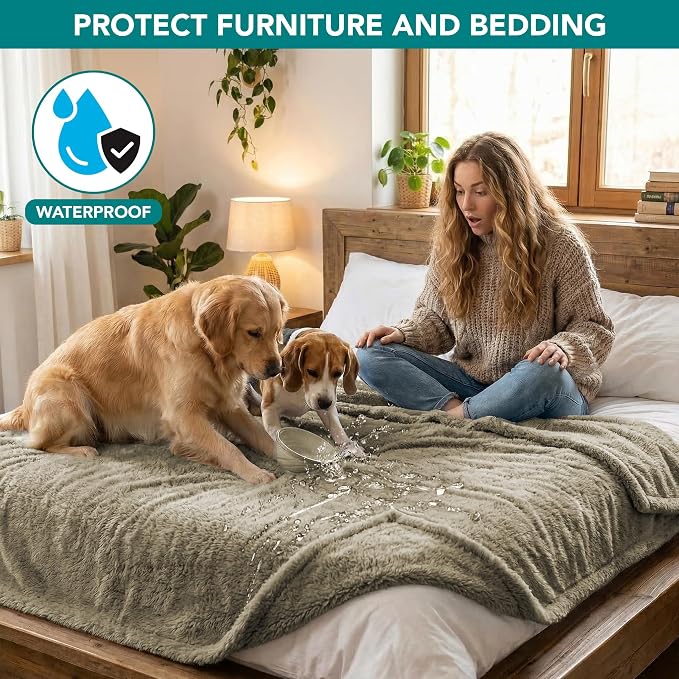 PetAmi Fluffy Waterproof Dog Blanket for Couch and Bed, Reversible Sherpa Pet Throw, Pee Proof Furniture Protector Sofa Cover, Washable Cat Blanket for Medium Large Dogs and Cats (Taupe Camel, 40x60)