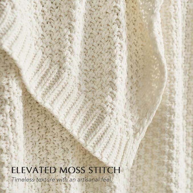 EVERGRACEHOME Chunky Polyester Knit Throw Blanket for Couch, Soft Luxurious Oversized King Moss Stitch Blanket for Bed, Large Cozy Farmhouse Knitted Throw for Sofa, Ivory White, 108" x 92"