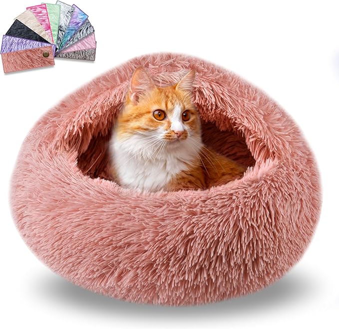FORMYCATIE Cat Beds for Indoor Cats,Cat Cave for Puppy and Kitty,Calming Small Dog Bed for Small Dogs with Cover Cave,Cozy Warming Fluffy Washable Anti-Slip Pet Sleeping Bag(24 * 24inch,Leather Pink)