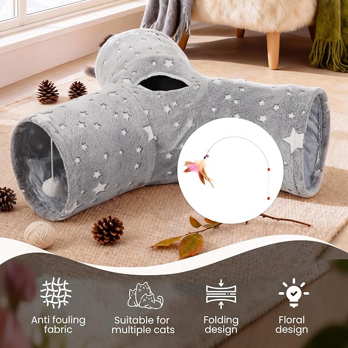 Tempcore 3-Way Collapsible Cat Tunnel Toy with Self-Luminous Tube & Teaser Wand, Peek Holes & Hanging Ball, Photoluminescence Play Tunnel for Indoor Cats, Puppy, Rabbit