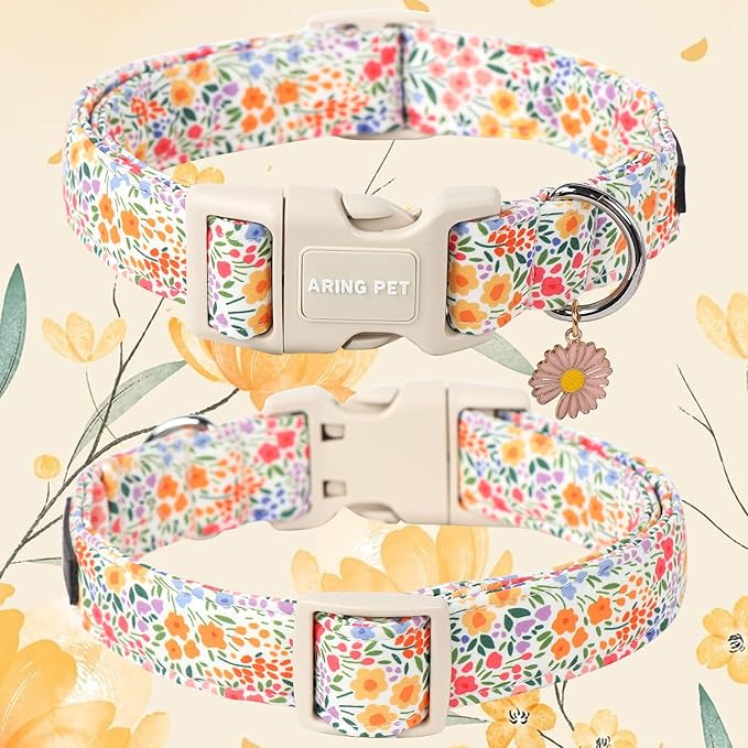 ARING PET Spring Summer Dog Collar-Cute Adjustable Cotton Floral Pet Collars for Puppy Small Medium Large Girl Dogs-M