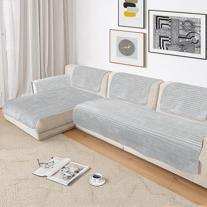 NAISI Couch Covers for Dogs Waterproof Flannel Striped Sofa Cover Pet Friendly Washable Dog Mat for Couch Anti Slip Sectional Sofa Slipcover Protector(2pcs/35"x63"+35"x70",Light Grey)