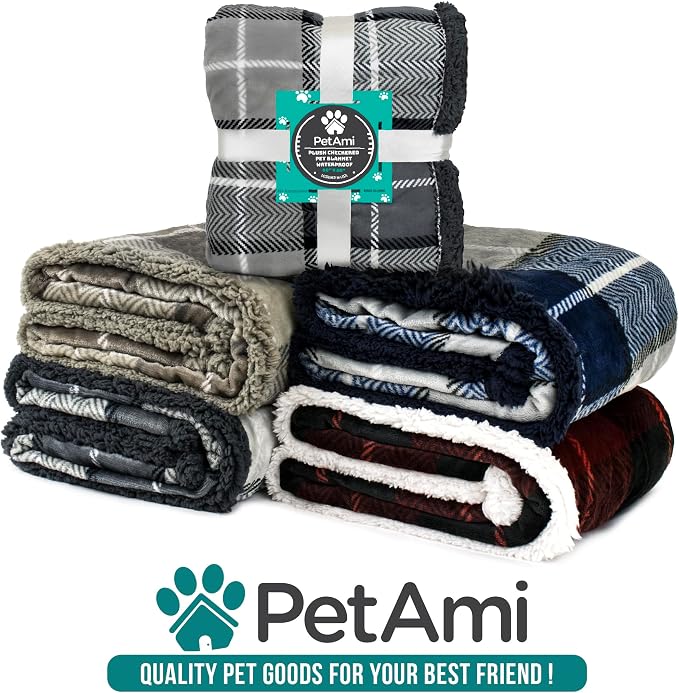 PetAmi Waterproof Dog Blanket for Couch, Extra Large 80x60, Pee Proof Sherpa Fleece Reversible Pet Throw, Furniture Protector for Bed Sofa Crate Kennel, Soft Washable Cover for Dogs, Plaid Blue