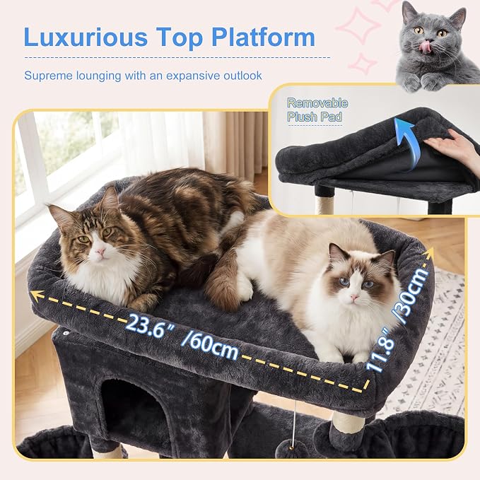 Heybly 68.1" Cat Tree with Oversized Top Platform & Wide Base, Heavy Duty Cat Tower for Large Indoor Cats with 2 Condos, 2 Hammocks, 10 Sisal Scratching Posts, Stable Cat House, Smoky Gray HCT059G