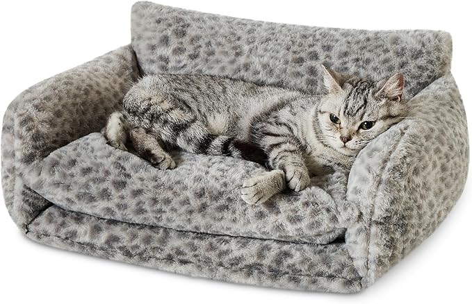 Hollypet Cat Bed Fluffy Plush Multifunctional Double-Layer Machine Washable Soft Warming Kitty Pet Couch Orthopedic Nest Beds for Small Cats Kitten and Dogs up to 13lbs, Snow Leopard(21x15x8 inch)