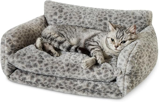 Hollypet Cat Bed Fluffy Plush Multifunctional Double-Layer Machine Washable Soft Warming Kitty Pet Couch Orthopedic Nest Beds for Small Cats Kitten and Dogs up to 13lbs, Snow Leopard(21x15x8 inch)
