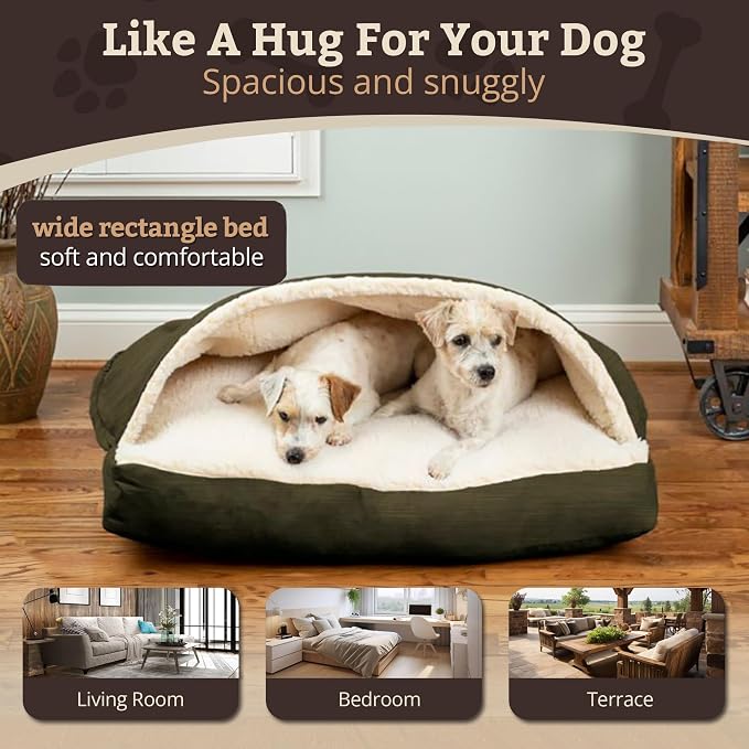 Snoozer Rectangle Cozy Cave Dog Bed - Indoor Dog Bed with Cover Cave, Covered Calming Burrow for Small Sized Pets with Blanket Attached, Enclosed, Washable Cover - Small, Olive