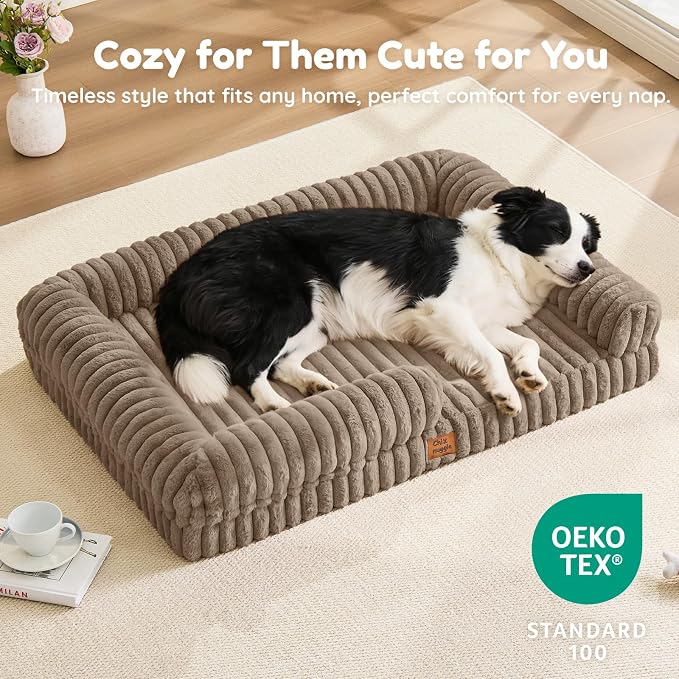 Orthopedic Dog Bed for XL Dogs, Washable Dog Bed with Faux Rabbit Fur Waterproof Cover, High Density Egg Crate Foam Support with 3-Sided Bolsters for Senior Dogs, Non-Skid Bottom, 41x30x7, Taupe