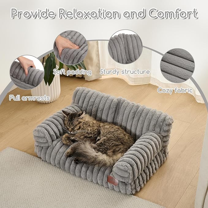 Hollypet Fluffy Dog Cat Bed Pet Couch Beds Plush Soft Warming Washable Puppy Bed for Small Medium Dogs and Large Cats, Dark Gray, 24" L x 18" W x 10" Th