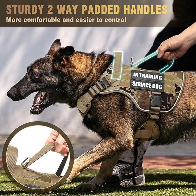 WINSEE Tactical Dog Harness for Large Dog, Heavy Duty Service Dog MOLLE Vest with 10 Pet Patches, No Pull Military Working Vest for Training Hunting Walking