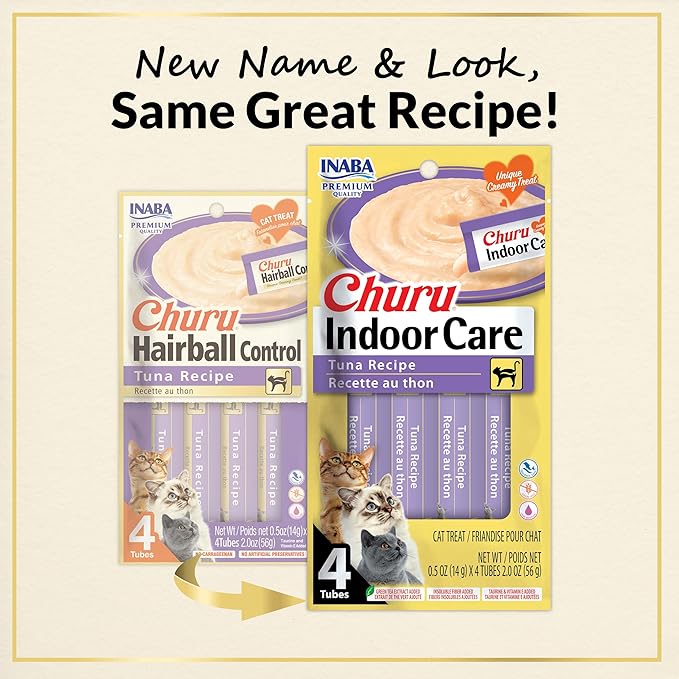 INABA Churu Indoor Care for Hairball Control, Functional Lickable Cat Treat with Taurine & Green Tea Extract, 0.5oz Each, Tubes, Tuna Recipe (Pack of 48)