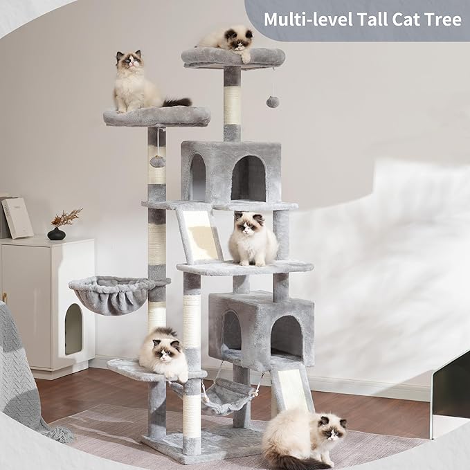 Gitelsnour Cat Tree for Indoor Cats, 71'' (180cm) Multi-Level Cat Tower for Large Adult, Sturdy Cat Tree House with 2 Scratching Boards 7 Posts, 2 Plush Perches/Condos, Hammock, Light Gray GCT032W