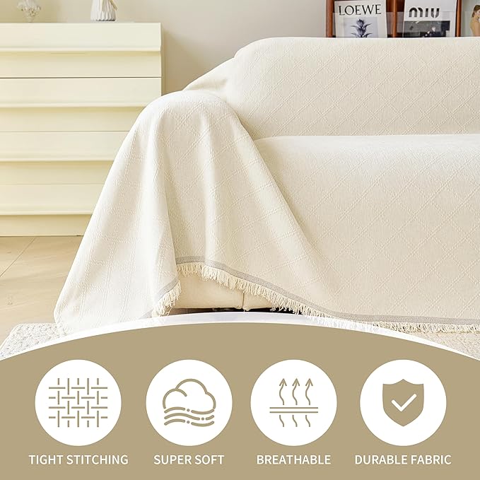 VANJOROY Beige Oversized Couch Sofa Cover for 3-4 Cushion Sectional Sofa L-Shape -Washable Chenille Couch Cover for Dogs Pets, Boho Couch Cover Protector Soft Sofa Slipcovers with Tassel,91"x 150"