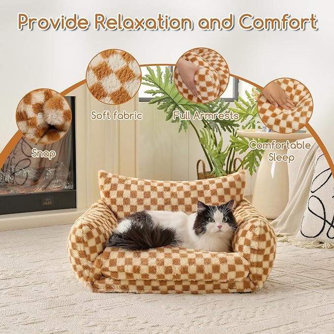 Hollypet Cat Bed Fluffy Plush Multifunctional Double-Layer Machine Washable Soft Warming Kitty Pet Couch Orthopedic Nest Beds for Small Cats Kitten and Dogs up to 13lbs, Brown ＆ Yellow(25x20x13in)
