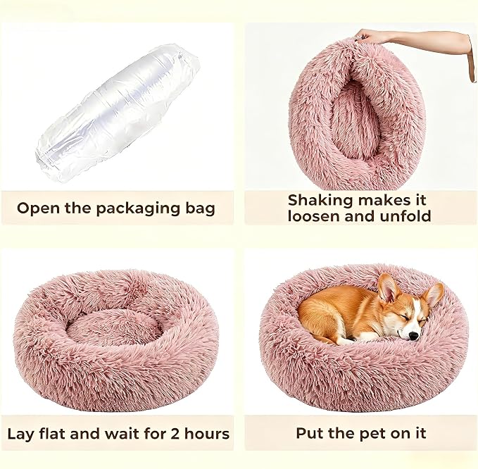 Calming Donut Dog and Cat Bed for Indoor Cats, Anti-Anxiety Round Fluffy Soft Washable Small Pet Bed for Puppy and Kitten, Warming Comfortable Luxury Anti-Slip Waterproof Mute Base 20in Pink