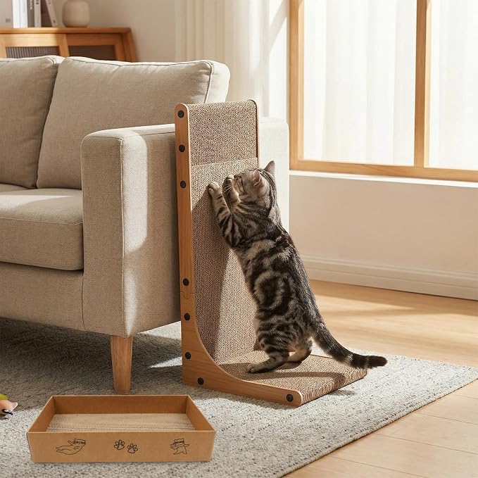 Goosheep 22in L-Shaped Cat Scratcher 2-in1 Scratching Board for Indoor Cats Protecting Furniture Cardboard Box Scratch Pad, Scratching Posts with Feathered Toy
