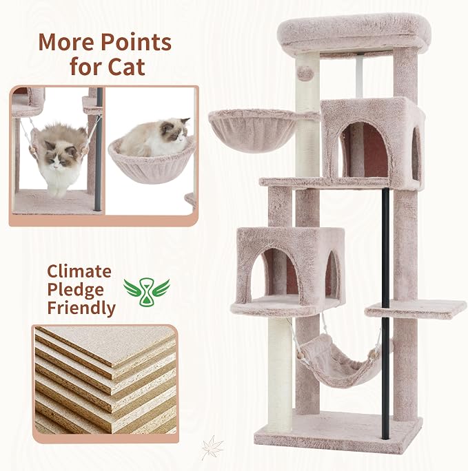 Gitelsnour 51.2'' Cat Tree Tower, Cat Tower with Scratching Post, Sturdy Steel Pube Cat Tree for Inoor Cats Large Adult, Cat Hammock and Basket, Padding Top Platform, Mushroom GCT014MU