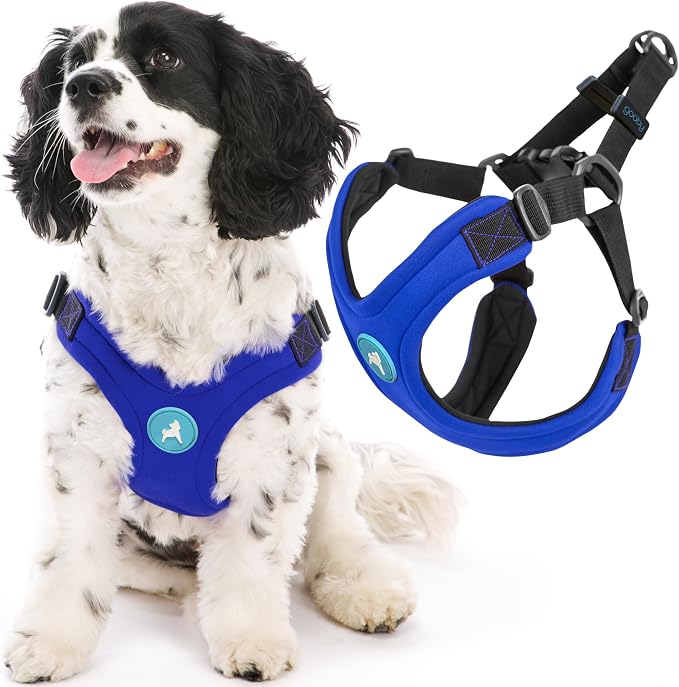 Gooby Escape Free Sport Harness - Blue, Medium - No Choke Step-in Patented Neoprene Small Dog Harness with Four-Point Adjustment - Perfect on The Go Dog Harness for Medium Dogs No Pull and Small Dogs