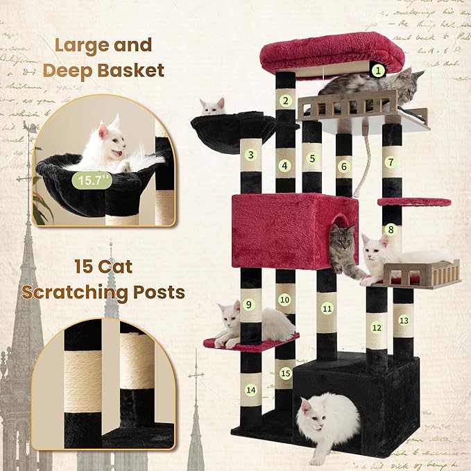 Gitelsnour Maine Coon Cat Tree, Heavy Duty Cat Tree for Indoor Cats Large Adult, Gothic Cat Tower for Large Cats 20 lbs+ with Hammock, 2 Big Perches, 2 Cat Condos, 15 Scratching Posts, Black GCT033BR