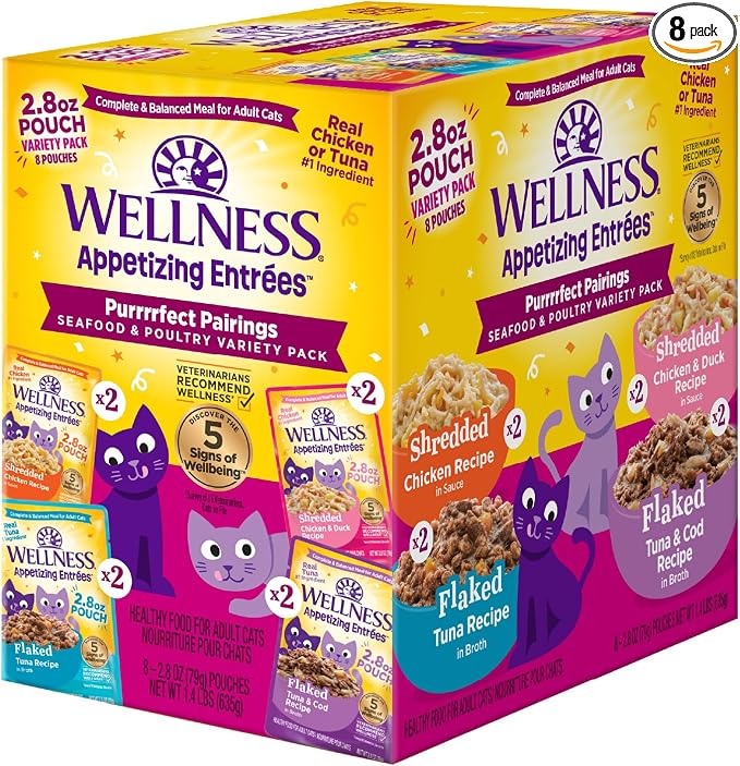 Wellness Appetizing Entrées Flaked, Shredded and Mousse Variety Pack Adult Wet Cat Food, Natural, Protein-Rich, Grain Free, Seafood & Poultry Recipes, 2.8 oz, Pack of 8 Pouches