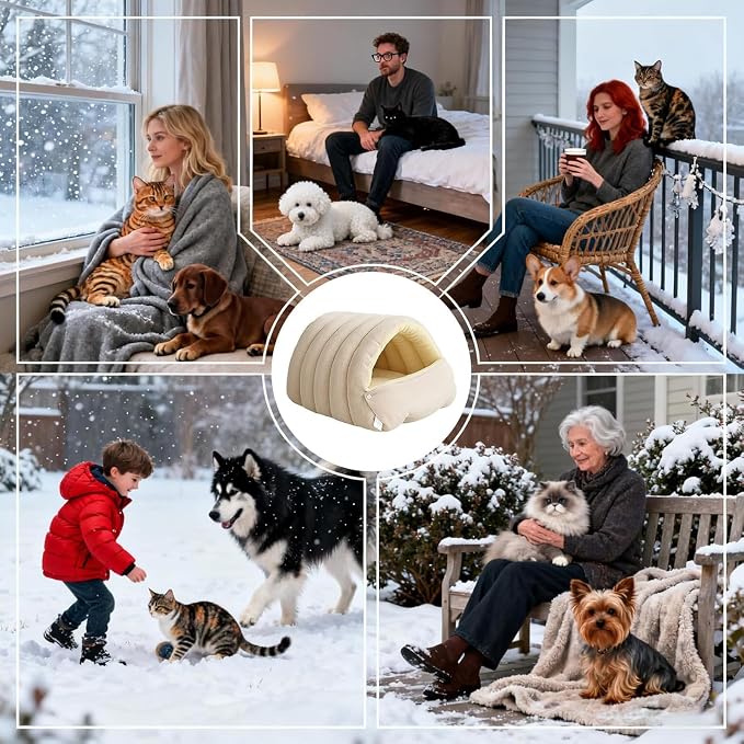 Winter Cave, Cozy Covered Dog Bed with Removable Washable Cover, Enclosed Plush Warmth for Small Large Dogs Cats, Calming Security Pet Den for Indoor Outdoor Use,Beige,L