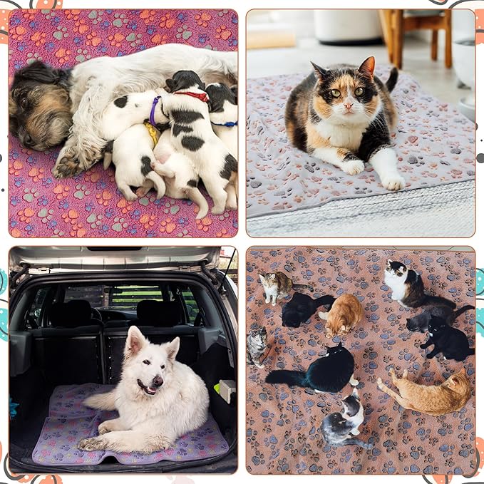 Panelee 4 Pcs Washable Dog Blankets Waterproof Cute Paw Print Fleece Blanket Reusable Puppy Blankets for Small Medium Pet Cat Whelping Warm Soft Mat Guinea Pig Cage Liners(36 x 36 Inch)