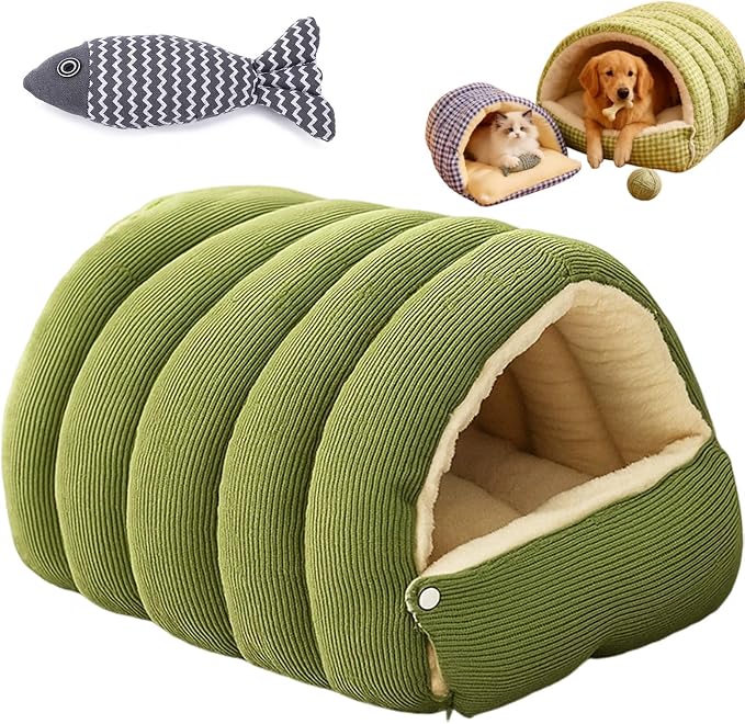 Pet Winter Cave, Warmth Cozy Comfort Plush Pet Cave, 360° Nesting Design, Snuggle Season Just Got Fluffier, Calming Plush Anti-Anxiety Cuddler Beds with Removable Cushioned (Green-A,L)