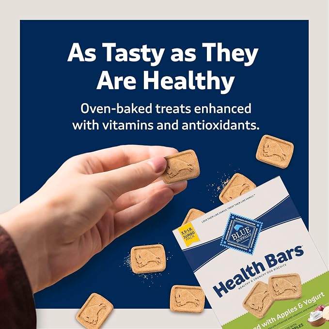 Blue Buffalo Health Bars Apples & Yogurt Crunchy Dog Biscuits, Oven-Baked with Real Apples & Natural Ingredients, Healthy Dog Treats with No Artificial Flavors or Preservatives, Jumbo Box 3.5 lbs.
