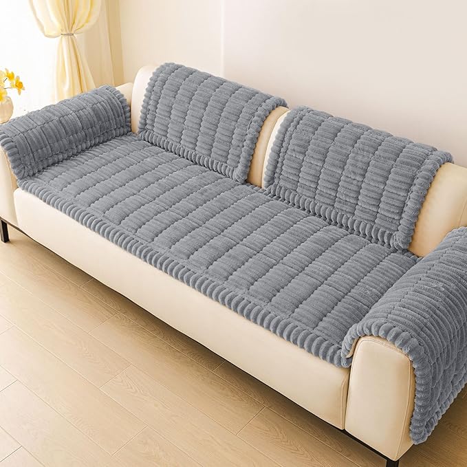hyha Couch Cover for Dogs Washable, Non Slip Thick Flannel Sofa Protector, Pet Friendly Plush Furniture Cover for Sectional Sofa & Loveseat (Grey, 27.6" x 27.6")