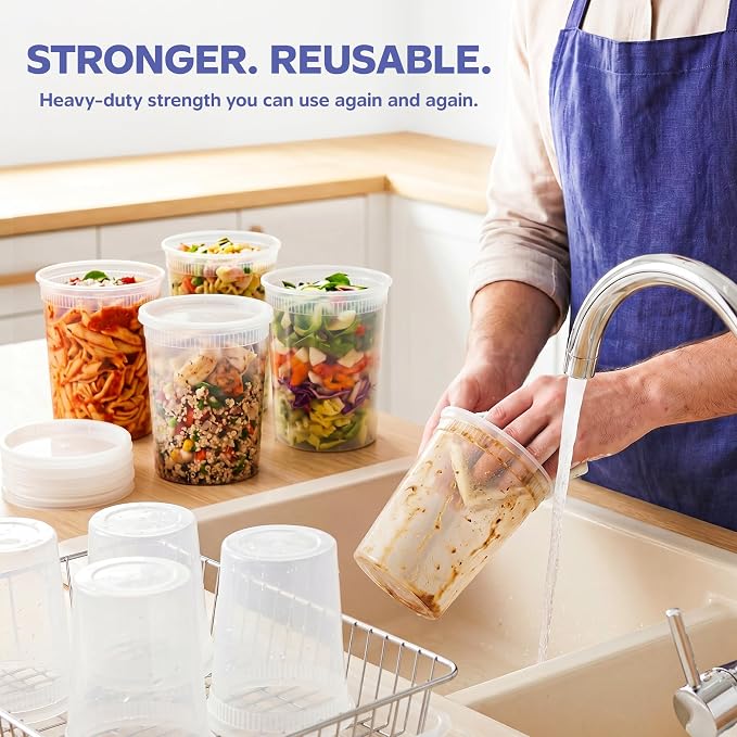 GUSTO [32 oz. - 24 Count Plastic Deli Containers with Lids - Disposable Food Storage Containers With Airtight Lids, Ideal for Soups, Stews, and Meal Prep