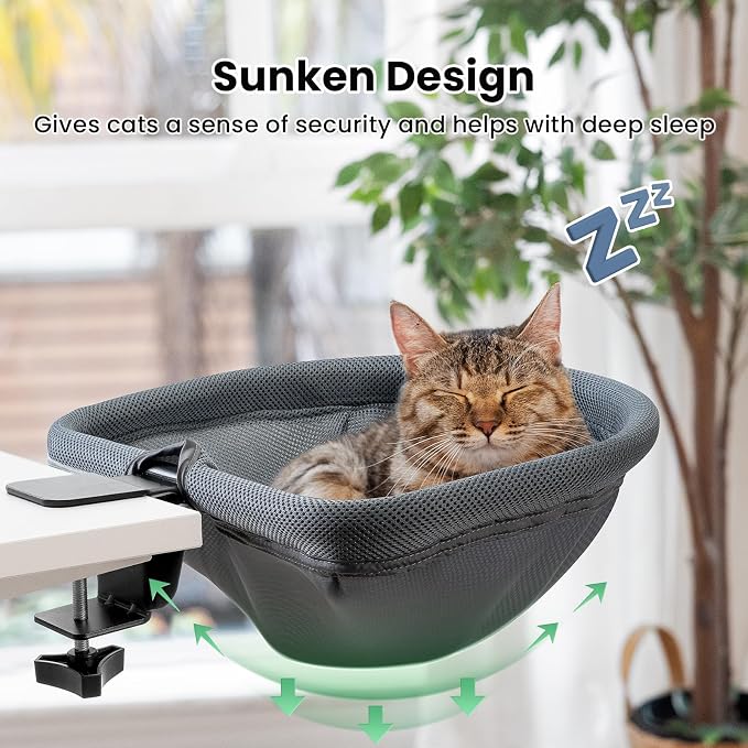 JUNSPOW Cat Desk Bed - One-Click Folding, Sunken Design & Space-Saving Semi-Circular Cat Bed, Mesh Cover Material, Suitable for Various Desktops-Maximum Hold Up to 40lb