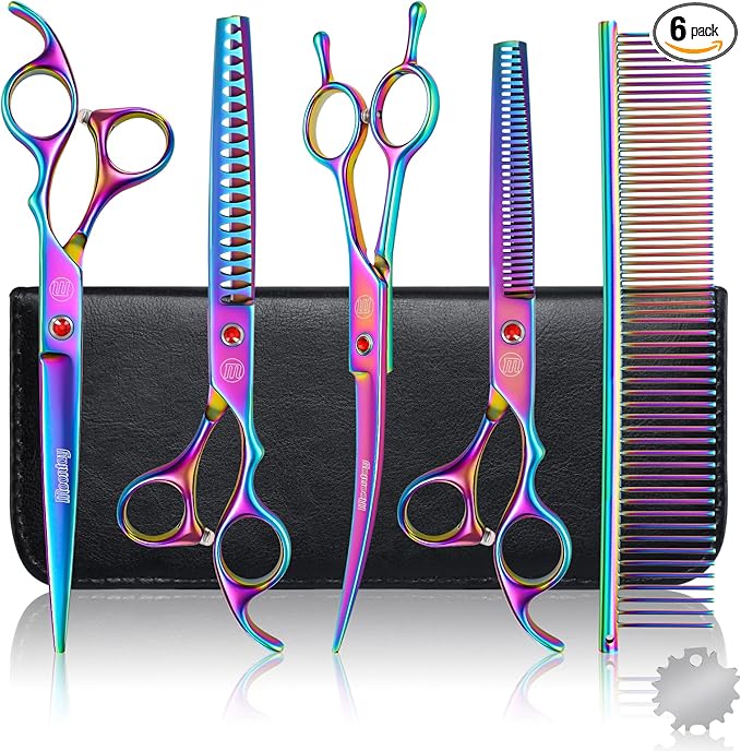Professional Dog Grooming Scissors Set, 7 Inch/8 Inch Pet Grooming Scissors Chunkers Shears for Dog, Curved Dog Grooming Scissors, Thinning Shears for Dog with Grooming Comb