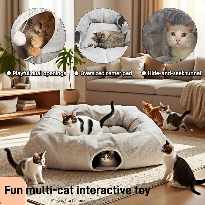 XxingSheep 4 Cave Premium Hemp Fabric XL Cat Tunnel Bed for Indoor Cats Cat Toys Cave Donut with Soft Mat