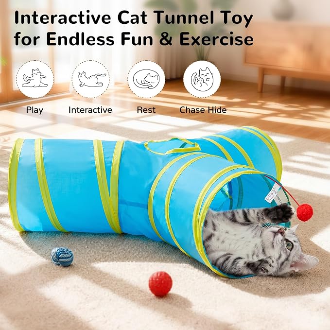 Tempcore Cat Tunnel for Indoor Cats, 3 Way Collapsible Pet Play Tunnel with Teaser Wand, Peek Holes & Hanging Ball, Interactive Tube for Kittens & Rabbits, Blue & Yellow