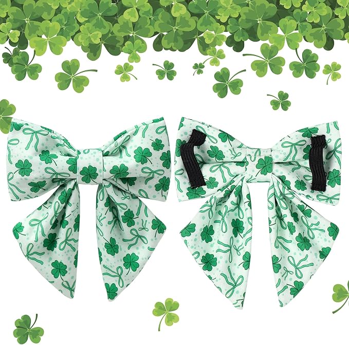 St. Patrick's Day Dog Collar with Bow Tie, Cotton St. Patrick's Day Bowtie Collar for Girl Boy Dog, Lucky Shamrock Dog Collar with Metal Buckle, Spring, L