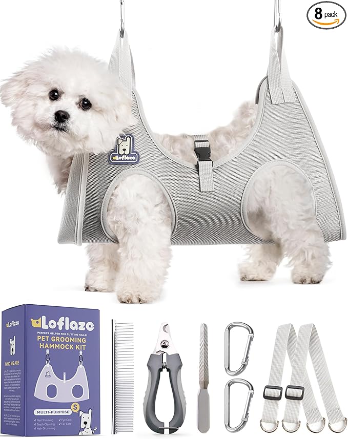 Loflaze Dog Grooming Hammock Harness for Dogs & Cats with Pet Nail Clipper Trimmer - Cat Hanger Sling for Trimming Clipping Nails- Dog Hammock Restraint Bag for Small Medium Large pet （ Grey S ）