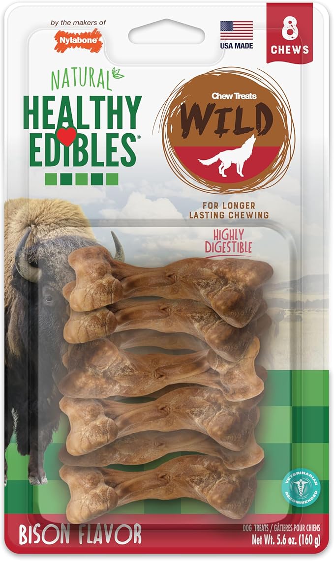 Nylabone Healthy Edibles WILD Natural Dog Chew Treats for Small Dogs, Long Lasting Dog Healthy Chew Bones Made in USA, Bison Flavor, For Dogs Up to 25 lbs. (8 Count)