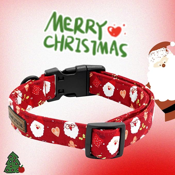 Elegant little tail Christmas Dog Collar, Santa Claus Print Pet Collar Cotton Soft Plastic Buckle Sturdy Puppy Collars Holiday Female or Male Adjustable Collar for Large Dogs