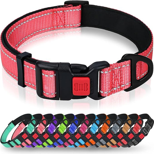 Taglory Reflective Dog Collar for Small Dogs, Soft Neoprene Padded with Escape-Proof Locking Buckle, Upgraded Zinc Alloy Ring, Adjustable Nylon Collar for Walking, Pink,S