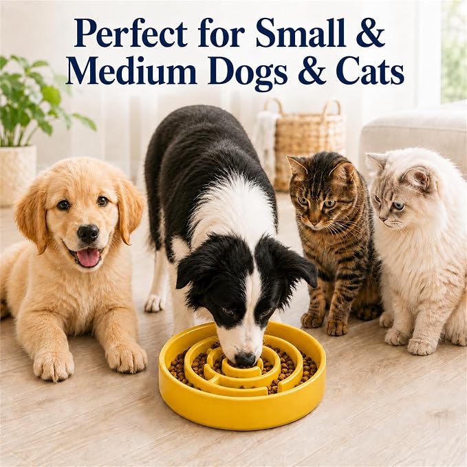 Slow Feeder Dog Bowls, Silicone Dog Bowl with Anti-Slip, Slow Feeder & Non-Slip Design, Boredom and Anxiety Reducer, Suitable for All Breed Dogs and Cat (Ceramic-Yellow)