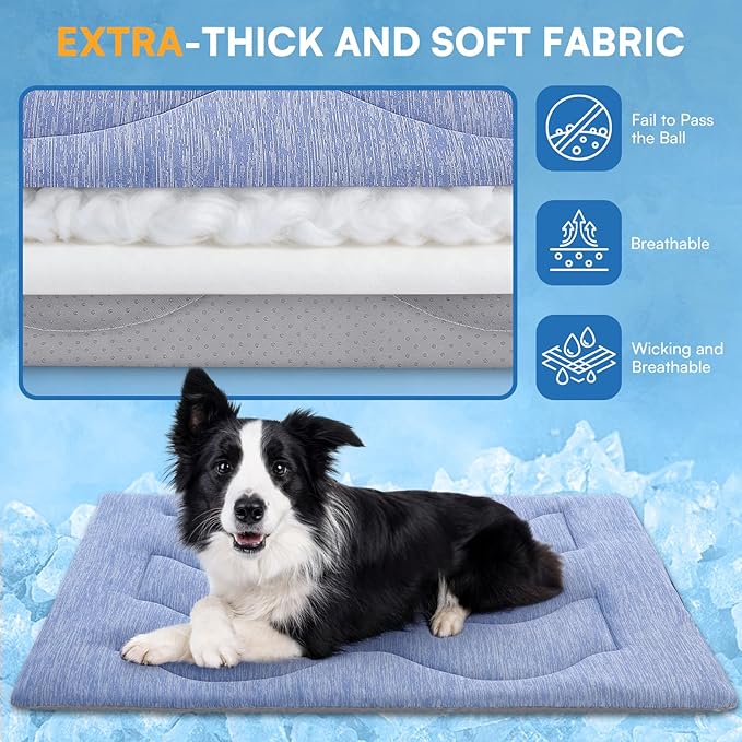 Queenmore Cooling Dog Mat for Dogs, Washable Dog Cooling Mat Indoor Outdoor, Non-Slip Portable Kennel Puppy Bed for Summer, Keep Your Pet Cool (Blue Wave, Large(35" x 27"))